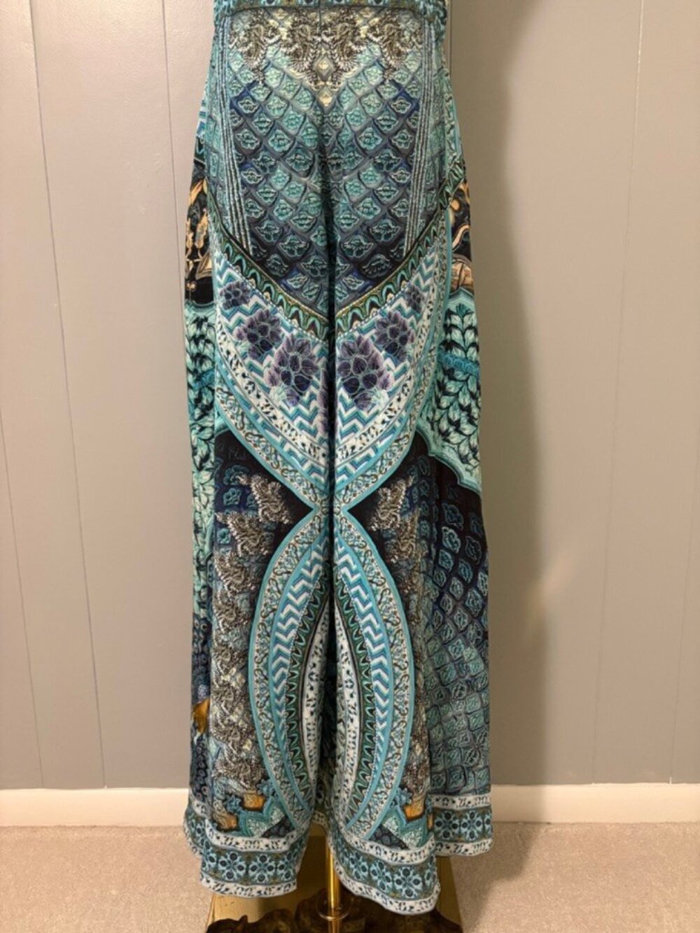 CAMILLA Turn on the Charm Blue Silk Tie Neck Halter Wide Leg Jumpsuit Crystal XS - Picture 12 of 16